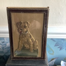 Fox Terrier Dog Seated Gold Airedale Type Coat Wooden Leather Frame Vintage Old