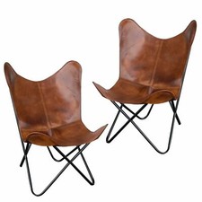 2PCS Retro Vintage Classic Tan Handmade Leather Butterfly Chair BKF Sleeper Seat