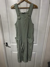 F&F Sage Green Dungarees UK12 Linen Look Wide Leg Jumpsuit Pockets Adjustable