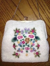 Vintage 1950s Hand Made in Hong Kong Beaded Evening Bag Floral Embroidery White