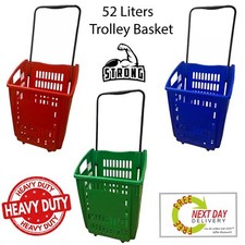 Black Plastic Shopping Basket With Wheels And Telescopic Handle - 52L