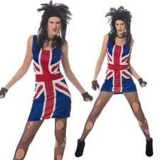 Ladies Punk 80s Rocker Fancy Dress Costume 1980s union jack wig