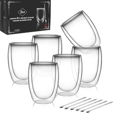 LIBWYS 6 Pack Double Walled  HANDLELESS Glasses Mugs, Cappuccino Latte Tea