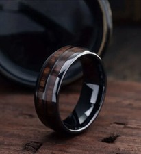 Wood Inlay Whiskey Barrel Ring Size V 1/2 Black Stainless Steel Unique 8mm Wide 