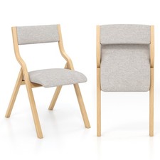 2 Pack Folding Armless Dining Chairs Natural Linen Fabric Wood Frame Natural