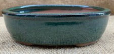 Green glazed oval bonsai - glazed, pot