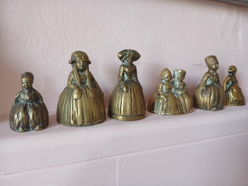 Six tiny antique brass bells - antique,