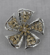 Vintage CORO Brooch Flower Clear White Rhinestone Pin Signed Flawed