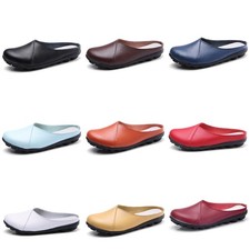 Women Genuine Leather Flats Backless Loafers Ladies Casual Mules Slides Shoes OL