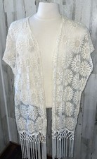 Fringe Floral Lace Shawl Cardigan Shrug Open Sides Off White Ivory