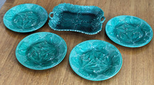 Victorian Majolica Ceramic Green Cabbage Leaf Plate Serving Dish Set Antique