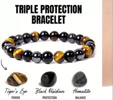 Obsidian Tiger Eye Hematite Bracelet Triple Protection Bangle 18.5cm Women Men