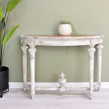Rustic French Farmhouse Style White Distressed Demi Lune Hall Console Table