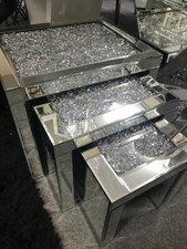 CRUSHED DIAMOND MIRRORED NEST OF 3 TABLES, MIRRORED SIDE TABLES
