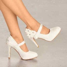 LADIES IVORY LACE HIGH HEEL FLOWER MARY JANE WEDDING BRIDAL COURT SHOES Size  6