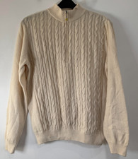 Green Lamb Jumper Womens XL Beige Chunky Cable Knit Lambswool Mix Golf 1/4 Zip