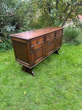 Antique Reproduction Solid Oak Old Charm Three Door Sideboard Linen Fold