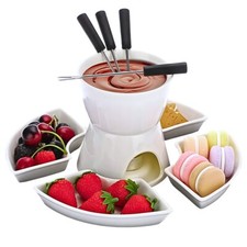 White Ceramic Chocolate Fondue Set Cheese Dessert Dip Dishes Forks Tealight Gift