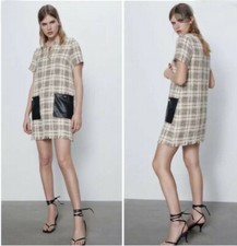 Zara Tweed Boucle Dress Size M 12 Frayed PU Pocket Tan Beige Black Check Autumn
