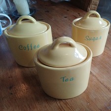 Vintage Retro 1997 Taiwan Ceramic Bright Yellow Coffee, Sugar And Tea Jars  