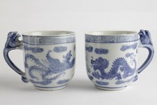 Vintage Chinese cups blue and white porcelain 20th Century dragon phoenix signed