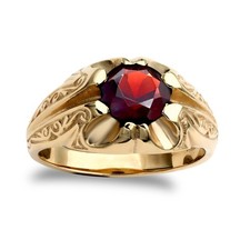 Mens 9ct Gold Jewelco London Garnet Solitaire Carved Gypsy Ring