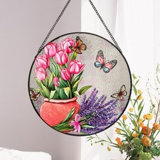 Stained Glass Window Hanging, 9.8'' Tulip Lavender Butterfly Sun Catcher Glas...