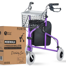Lightweight 3 Wheeled Rollator Walker with Front Basket, Tray & Bag
