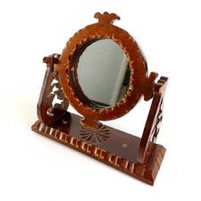 Vintage Hand Carved Wood Tabletop Vantiy Mirror Folk Art Mid Century Small