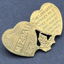 Victorian 1890s Mizpah Double Heart Brooch Sentimental Verse Antique Gilt Metal