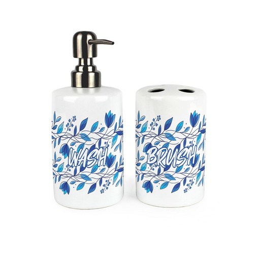 Blue leaves ceramic bathroom - ceramic,