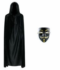 Anonymous V For Vendetta Guy Halloween Fancy Dress Face BLACK Mask + Hooded Cape