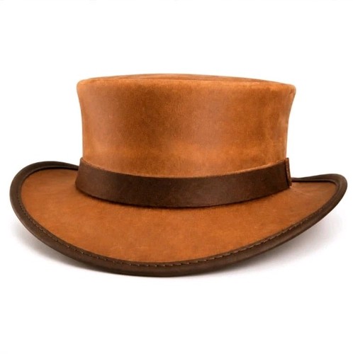 Handmade brown leather top hat - handmade,