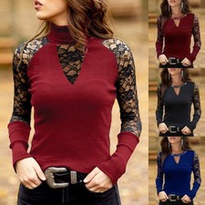 Womens Sexy Gothic Lace Tops Ladies Punk Long Sleeve Slim Fit T Shirt Blouse 14