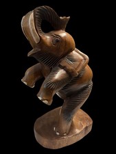 Large Hand Carved Solid Wooden Elephant With Trunk Up Hand Painted