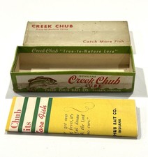 Vintage creek chub 6050 midget beetle fishing lure box and paperwork tackle box