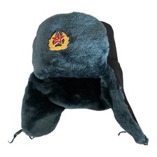 Soviet Military Style Faux Fur Grey Navy Winter Ushanka Hat Soldier Army Badge
