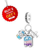 Sky Blue Purple Camera Airplane Suitcase Travel S925 Sterling Silver Bead Charm