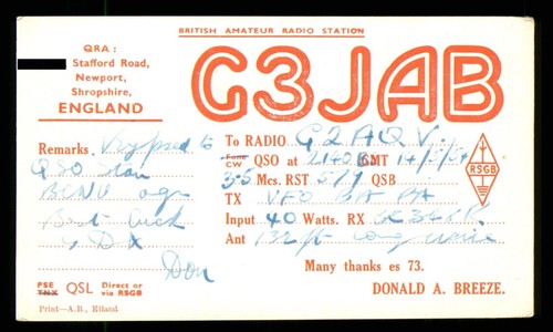 Qsl card radio g3jab 1954 - card, uk
