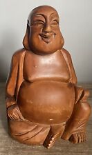 Solid Wood Laughing Buddha 26cm Large Vintage Carved Buddhism Spiritual Decor