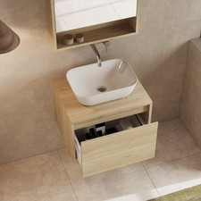 Wall Hung Vanity Unit 600mm Bathroom Cabinet 2 Drawers & Worktop Light Oak