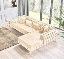 Luxury Chaise Longue Corner Lounge Chesterfield Velvet Settee Couch Suite Sofa