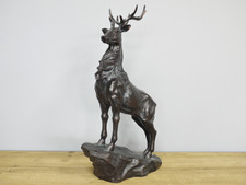 Large Bronzed Effect Resin Stag with Antlers Decorative Ornament Statue on Rock