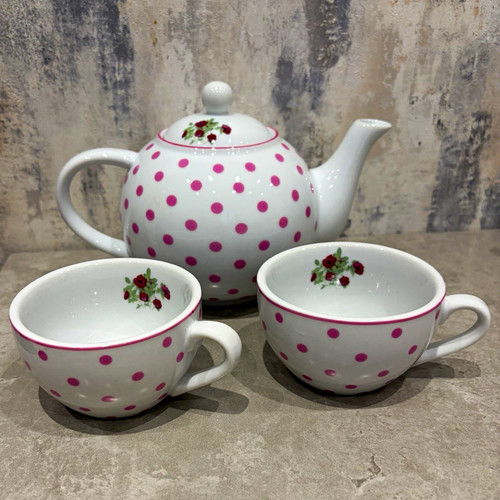 White pink polka dot ceramic - pink,