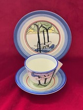 CLARICE CLIFF BIZARRE "BLUE FIRS" CONICAL BLOCK HANDLE CUP TRIO