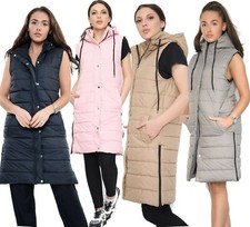 WOMENS HOODED LONG LINE PUFFER GILET JACKET PADDED TOP BODY WARMER 8-22