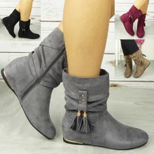 Ankle Boots Wedge Ladies Womens Pixie Zip Tassle Hidden Casual Faux Suede Shoes