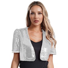 Women Glitter Sequin Short Sleeve Open Front Crop Bolero Shrug Cardigan Jacket