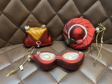 3 x Red Glass Christmas Tree hanging Ornaments baubles hat glasses handbag 