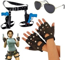 Lara Croft 3pc Set (Holster w/Guns, Glasses & Gloves) Tomb Raider Fancy Dress